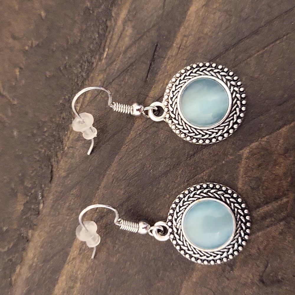 Round Silver Textured Blue Larimer Stone Dangle Pierced Earrings